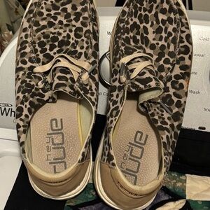 Hey Dude Brown and Black Loafers with Leopard Print